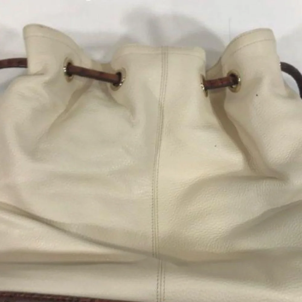 Women’s Brahmin Trina Elegant Cream Leather Drawstring Bag Crocodile Trim